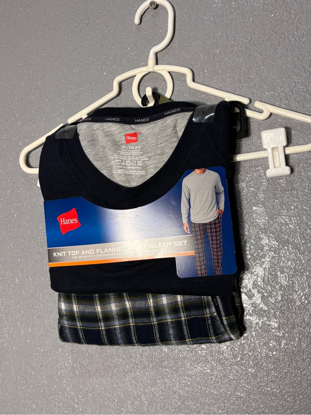Hanes Men's Navy and Gray Knit Top with Plaid Flannel Pants Sleep Set